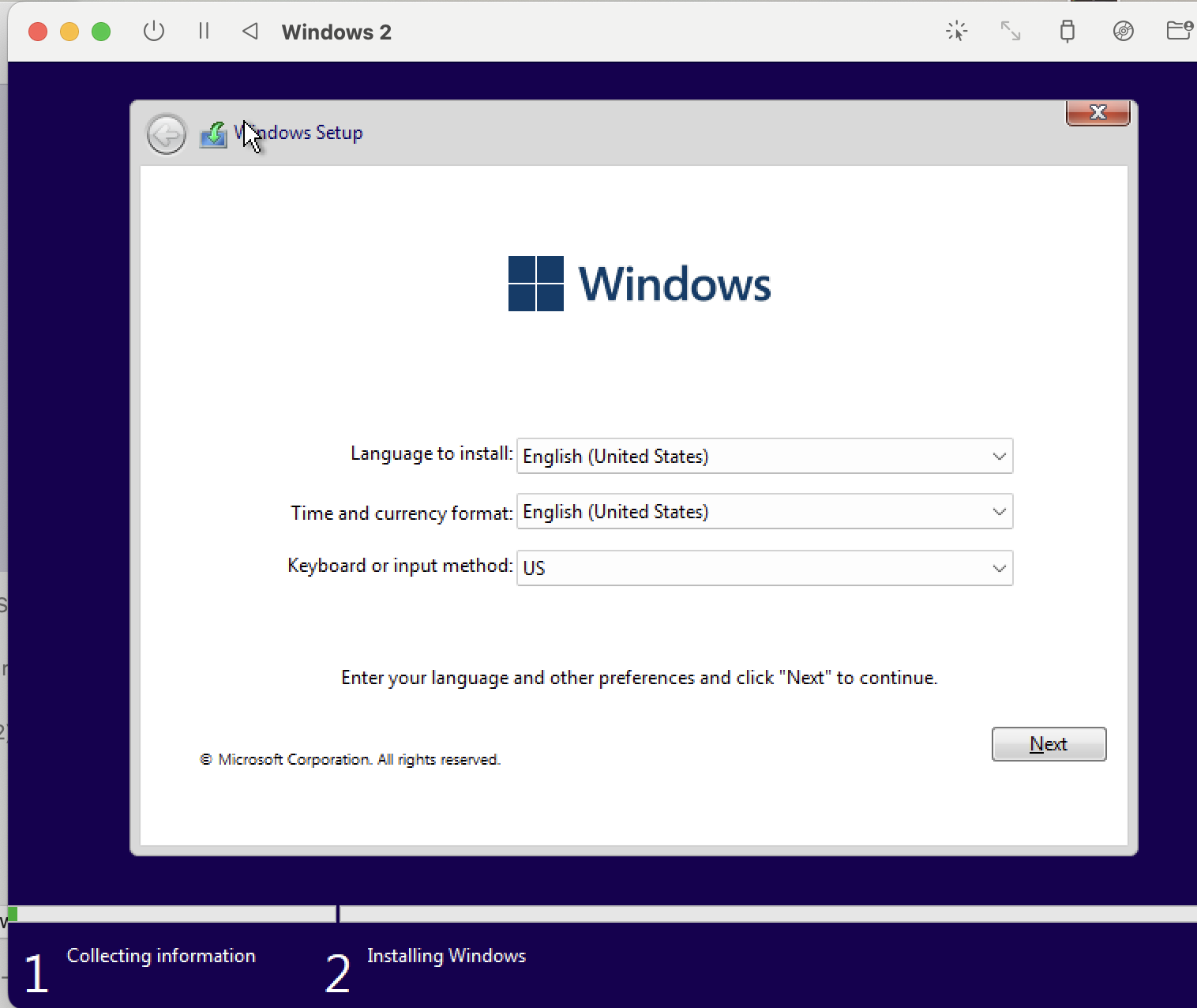Picture of initial windows setup screen